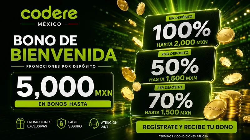 Bono de bienvenida de Codere México repartido en tres depósitos hasta $5,000 MXN